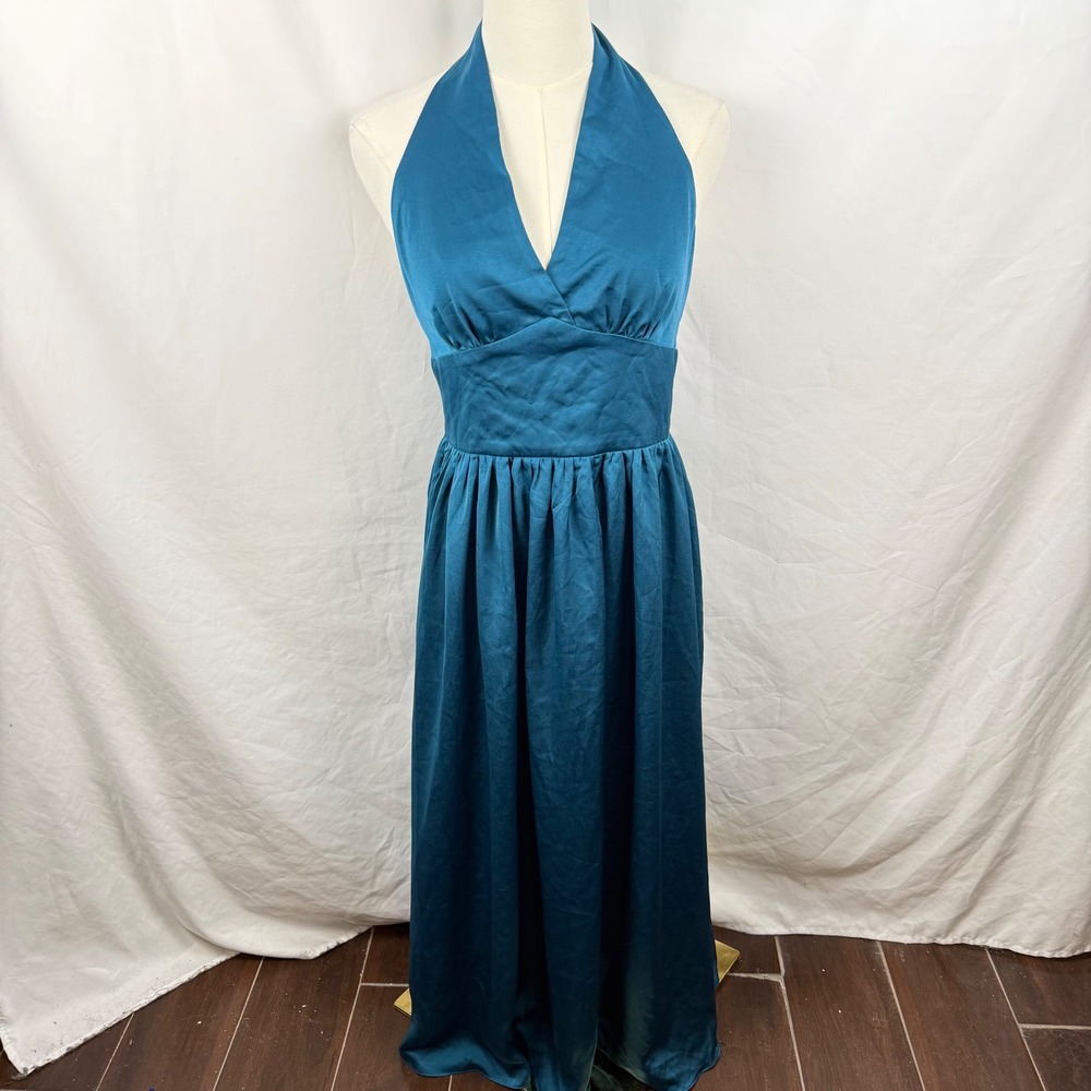 Labera Satin Teal Blue Halter Maxi Dress Plunging Bodice Formal Classic Timeless